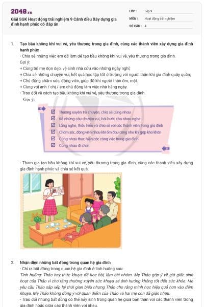 Giải SGK Hoạt động trải nghiệm 9 Cánh diều Xây dựng gia đình hạnh phúc có đáp án