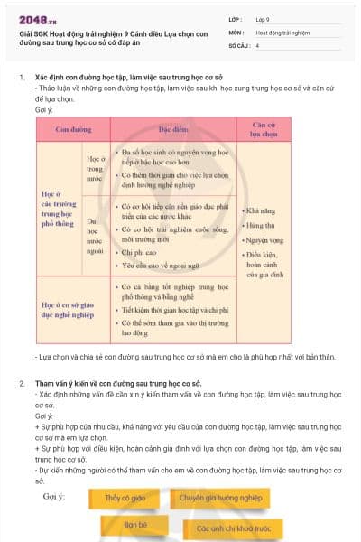 Giải SGK Hoạt động trải nghiệm 9 Cánh diều Lựa chọn con đường sau trung học cơ sở có đáp án