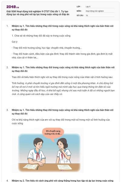 Giải SGK Hoạt động trải nghiệm 9 CTST Chủ đề 1. Tự tạo động lực và ứng phó với áp lực trong cuộc sống có đáp án