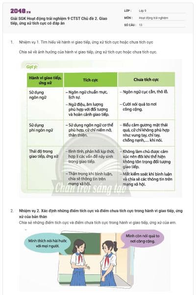 Giải SGK Hoạt động trải nghiệm 9 CTST Chủ đề 2. Giao tiếp, ứng xử tích cực có đáp án