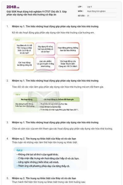 Giải SGK Hoạt động trải nghiệm 9 CTST Chủ đề 3. Góp phần xây dựng văn hoá nhà trường có đáp án