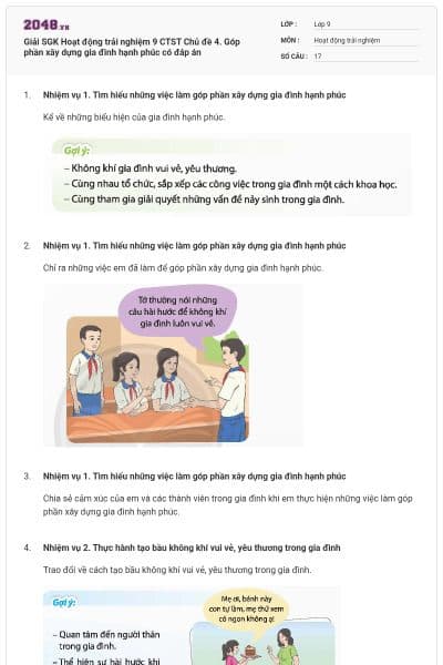 Giải SGK Hoạt động trải nghiệm 9 CTST Chủ đề 4. Góp phần xây dựng gia đình hạnh phúc có đáp án