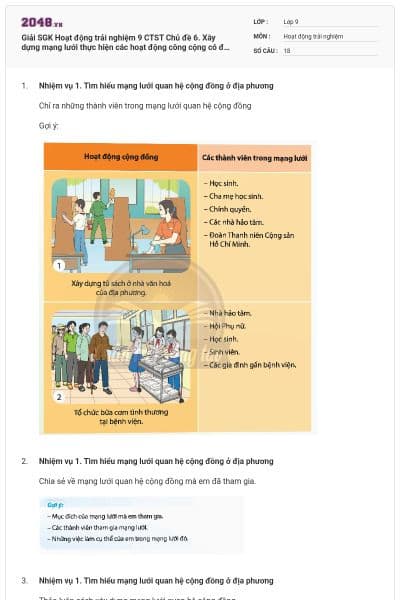 Giải SGK Hoạt động trải nghiệm 9 CTST Chủ đề 6. Xây dựng mạng lưới thực hiện các hoạt động công cộng có đáp án