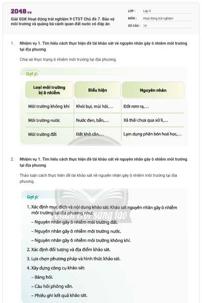 Giải SGK Hoạt động trải nghiệm 9 CTST Chủ đề 7. Bảo vệ môi trường và quảng bá cảnh quan đất nước có đáp án
