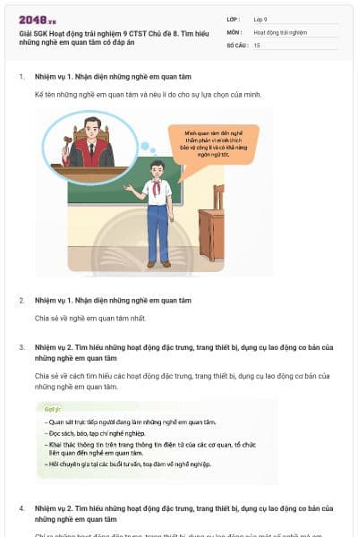 Giải SGK Hoạt động trải nghiệm 9 CTST Chủ đề 8. Tìm hiểu những nghề em quan tâm có đáp án
