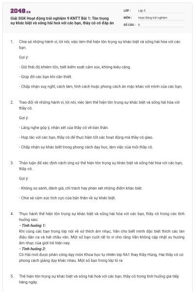 Giải SGK Hoạt động trải nghiệm 9 KNTT Bài 1: Tôn trọng sự khác biệt và sống hài hoà với các bạn, thầy cô có đáp án