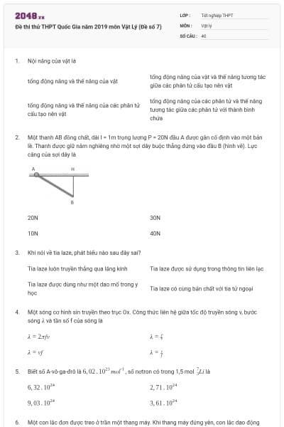 Đề thi thử THPT Quốc Gia năm 2019 môn Vật Lý (Đề số 7)