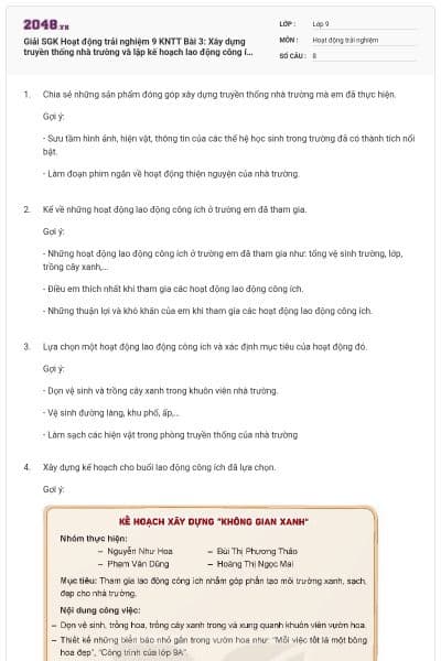 Giải SGK Hoạt động trải nghiệm 9 KNTT Bài 3: Xây dựng truyền thống nhà trường và lập kế hoạch lao động công ích có đáp án