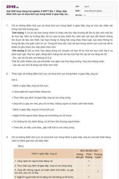 Giải SGK Hoạt động trải nghiệm 9 KNTT Bài 1: Nhận diện điểm tích cực và chưa tích cực trong hành vi giao tiếp, ứng xử của bản thân có đáp án