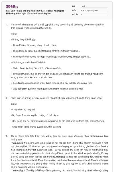 Giải SGK Hoạt động trải nghiệm 9 KNTT Bài 2: Khám phá khả năng thích nghi của bản thân có đáp án