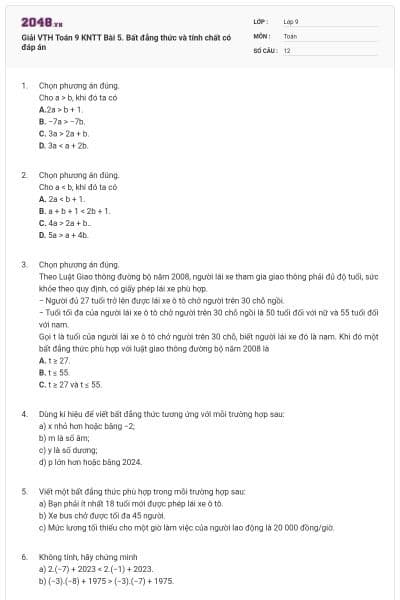 Giải VTH Toán 9 KNTT Bài 5. Bất đẳng thức và tính chất có đáp án