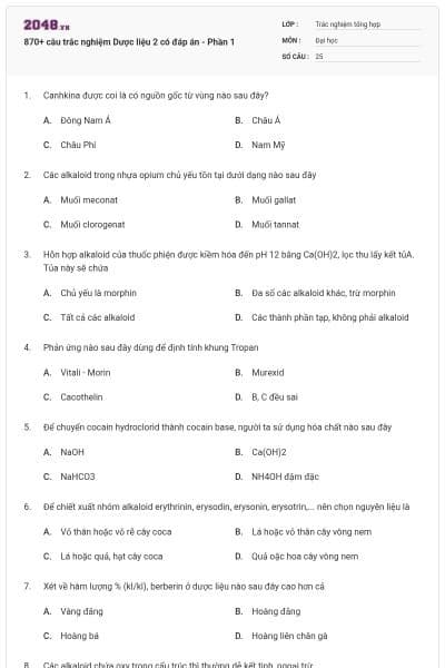 870+ câu trắc nghiệm Dược liệu 2 có đáp án - Phần 1