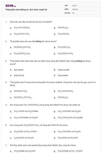 Thủy phân este không no, đơn chức, mạch hở