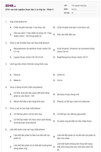 870+ câu trắc nghiệm Dược liệu 2 có đáp án - Phần 4