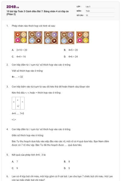 10 bài tập Toán 3 Cánh diều Bài 7: Bảng nhân 4 có đáp án (Phần 2)