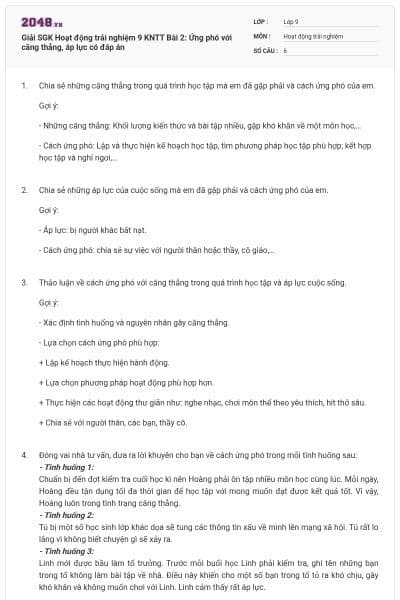 Giải SGK Hoạt động trải nghiệm 9 KNTT Bài 2: Ứng phó với căng thẳng, áp lực có đáp án