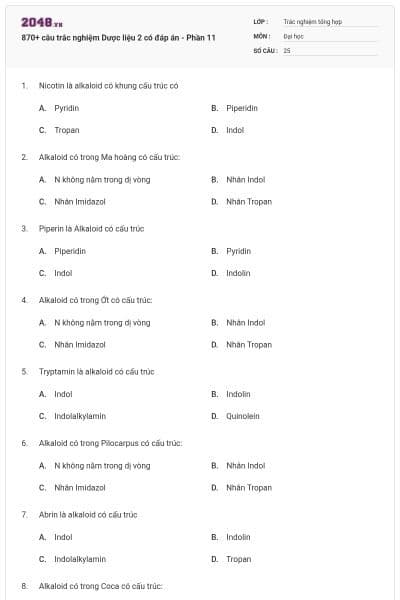 870+ câu trắc nghiệm Dược liệu 2 có đáp án - Phần 11