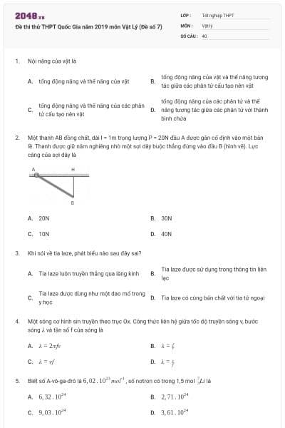 Đề thi thử THPT Quốc Gia năm 2019 môn Vật Lý (Đề số 7)