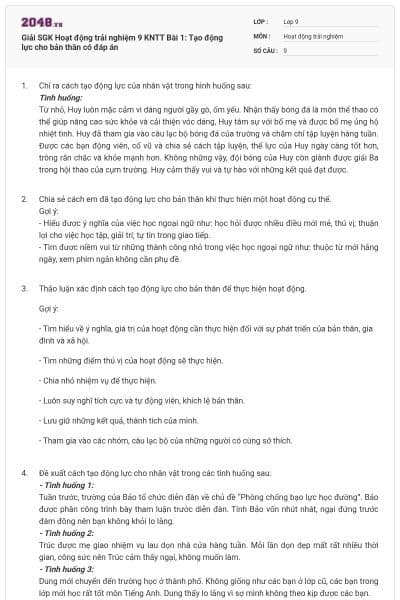 Giải SGK Hoạt động trải nghiệm 9 KNTT Bài 1: Tạo động lực cho bản thân có đáp án