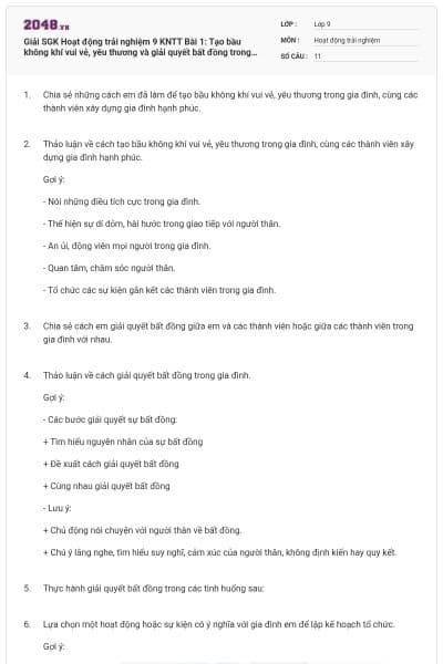Giải SGK Hoạt động trải nghiệm 9 KNTT Bài 1: Tạo bầu không khí vui vẻ, yêu thương  và giải quyết bất đồng trong gia đình  có đáp án