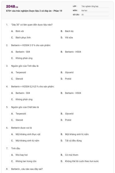870+ câu trắc nghiệm Dược liệu 2 có đáp án - Phần 19
