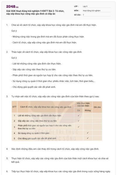 Giải SGK Hoạt động trải nghiệm 9 KNTT Bài 2: Tổ chức, sắp xếp khoa học công việc gia đình có đáp án