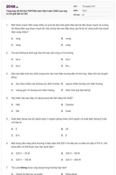 Tổng hợp đề thi thử THPTQG môn Vật lí năm 2020 cực hay có lời giải (Đề số 30)