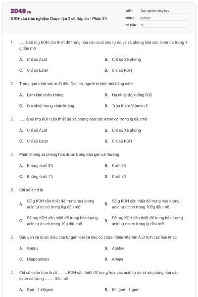 870+ câu trắc nghiệm Dược liệu 2 có đáp án - Phần 24