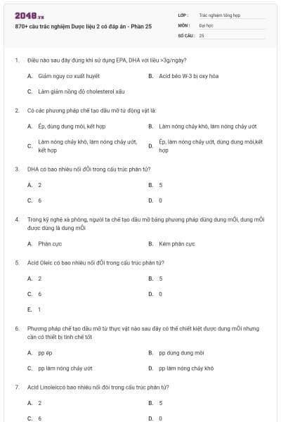 870+ câu trắc nghiệm Dược liệu 2 có đáp án - Phần 25