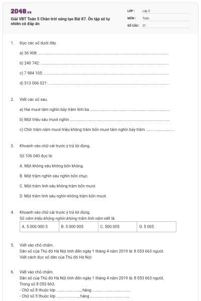 Giải VBT Toán 5 Chân trời sáng tạo Bài 87. Ôn tập số tự nhiên có đáp án
