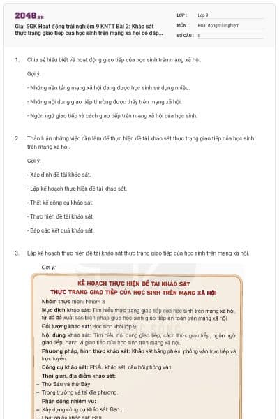 Giải SGK Hoạt động trải nghiệm 9 KNTT Bài 2: Khảo sát thực trạng giao tiếp của học sinh trên mạng xã hội có đáp án