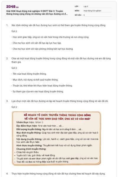 Giải SGK Hoạt động trải nghiệm 9 KNTT Bài 3: Truyền thông trong cộng đồng về những vấn đề học đường có đáp án