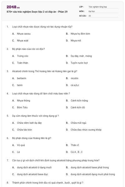 870+ câu trắc nghiệm Dược liệu 2 có đáp án - Phần 29