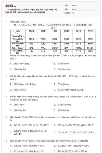 Trắc nghiệm Địa Lí 10 Bài 34 (có đáp án): Thực hành: Vẽ biểu đồ tình hình sản xuất một số sản phẩm