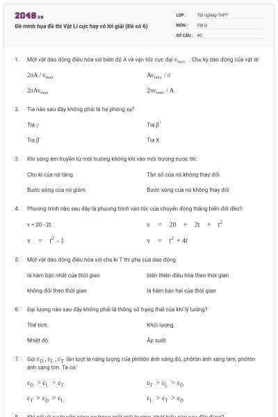 Đề minh họa đề thi Vật Lí cực hay có lời giải (Đề số 6)