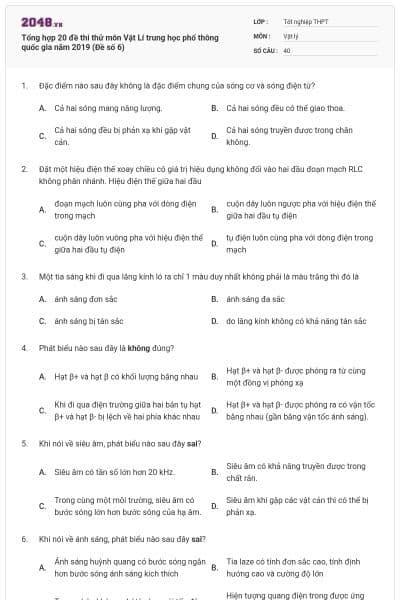 Tổng hợp 20 đề thi thử môn Vật Lí trung học phổ thông quốc gia năm 2019 (Đề số 6)