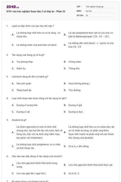 870+ câu trắc nghiệm Dược liệu 2 có đáp án - Phần 32