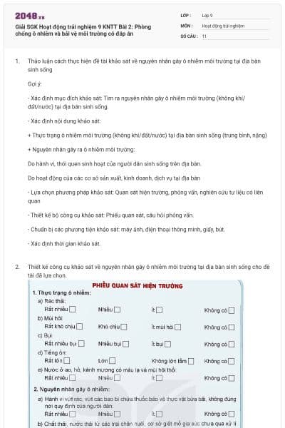 Giải SGK Hoạt động trải nghiệm 9 KNTT Bài 2: Phòng chống ô nhiễm và bải vệ môi trường có đáp án