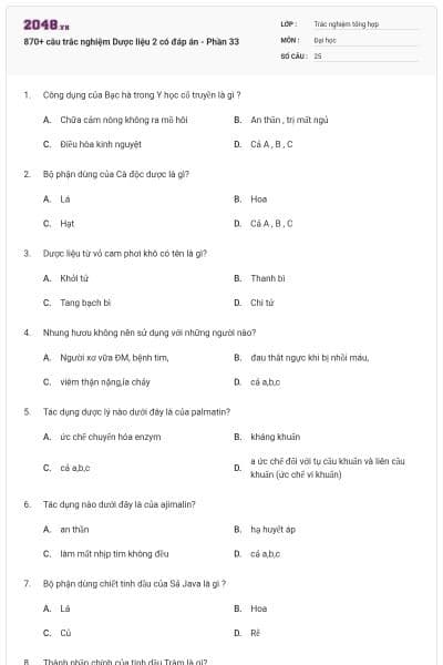 870+ câu trắc nghiệm Dược liệu 2 có đáp án - Phần 33