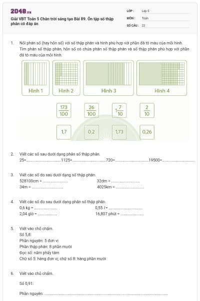 Giải VBT Toán 5 Chân trời sáng tạo Bài 89. Ôn tập số thập phân có đáp án