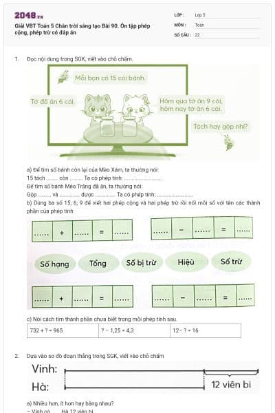 Giải VBT Toán 5 Chân trời sáng tạo Bài 90. Ôn tập phép cộng, phép trừ có đáp án