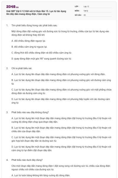 Giải SBT Vật lí 12 Kết nối tri thức Bài 15. Lực từ tác dụng lên dây dẫn mang dòng điện. Cảm ứng từ