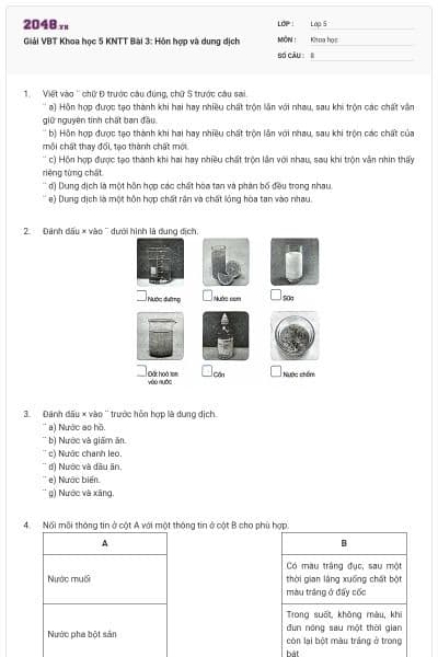 Giải VBT Khoa học 5 KNTT Bài 3: Hỗn hợp và dung dịch