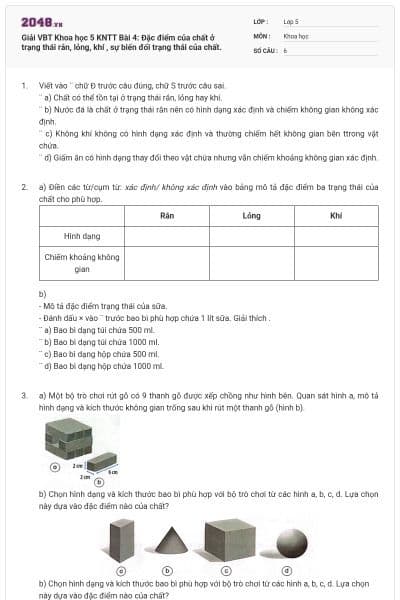 Giải VBT Khoa học 5 KNTT Bài 4: Đặc điểm của chất ở trạng thái rắn, lỏng, khí , sự biến đổi trạng thái của chất.
