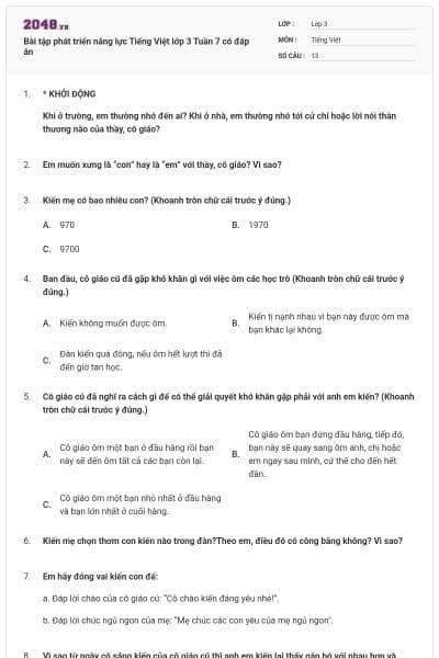 Bài tập phát triển năng lực Tiếng Việt lớp 3 Tuần 7 có đáp án