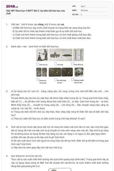 Giải VBT Khoa học 5 KNTT Bài 5: Sự biến đổi hóa học của chất