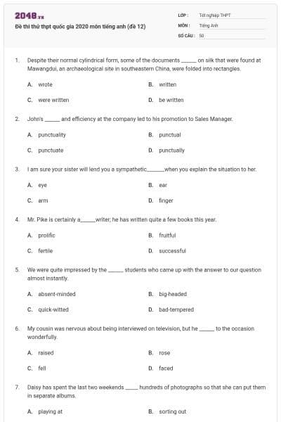 Đề thi thử thpt quốc gia 2020 môn tiếng anh (đề 12)