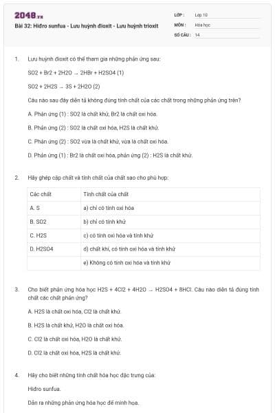 Bài 32: Hiđro sunfua - Lưu huỳnh đioxit - Lưu huỳnh trioxit