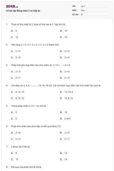 33 bài tập Bảng nhân 2 có đáp án