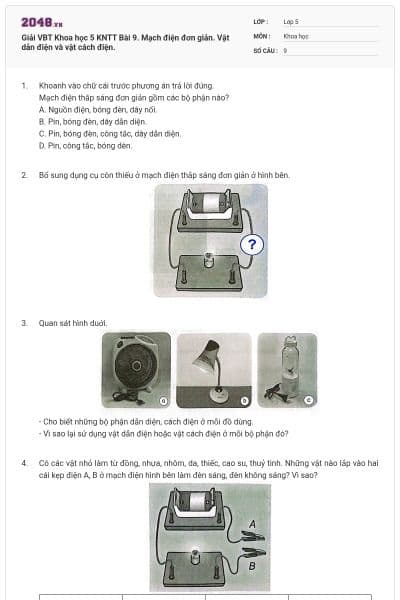 Giải VBT Khoa học 5 KNTT Bài 9. Mạch điện đơn giản. Vật dẫn điện và vật cách điện.